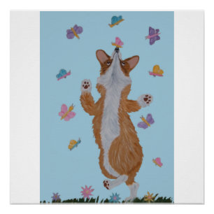 Pôster Corgi galês dançante com borboletas