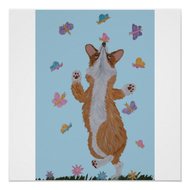 Pôster Corgi galês dançante com borboletas (Frente)