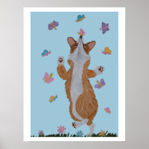 Poster Corgi galês dançante com borboletas