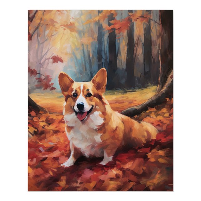 Pôster Corgi no outono Folhas caem inspiração (Frente)