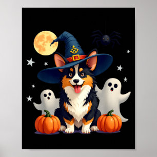 Poster Corgi Preto e Bege de Halloween Bruxas Feiticeiros