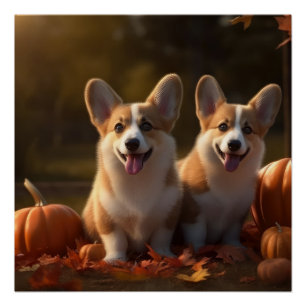 Pôster Corgi Puppy Autumn Delight Pumpkin