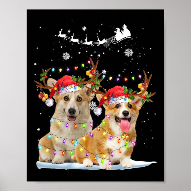 Poster Corgi Reindeer Santa Hat Xmas Luzes Natal Xma (Frente)