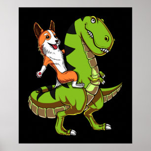 Poster Corgi Riding T-Rex Dinossaur Engraçado