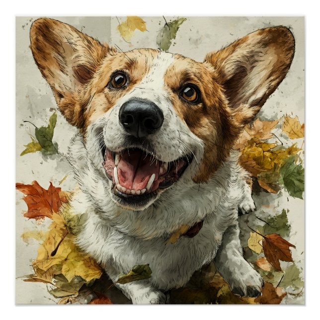 Pôster Corgi Sorridente Alegria de Outono (Frente)