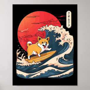 Poster Corgi Surfing Japonês