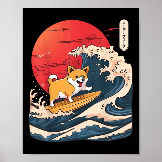 Poster Corgi Surfing Japonês (Frente)