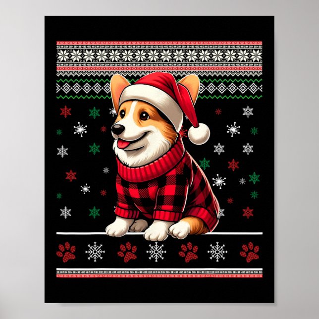 Poster Corgi Ugly Funny Christmas Santa Hat Xadrez Buffal (Frente)