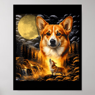 Poster Corgi uivando para a lua, lua vintage anos 90 anim