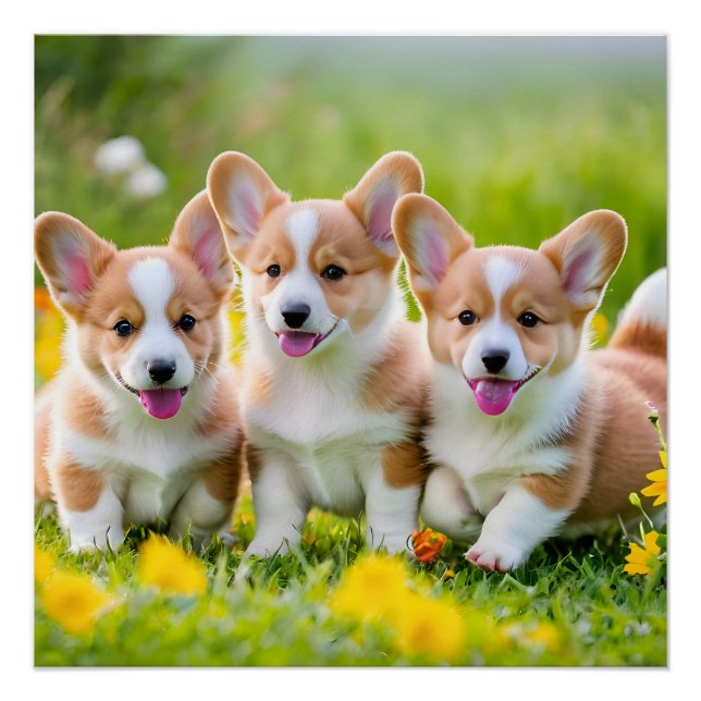 Pôster Corgies tocando na grama (Frente)