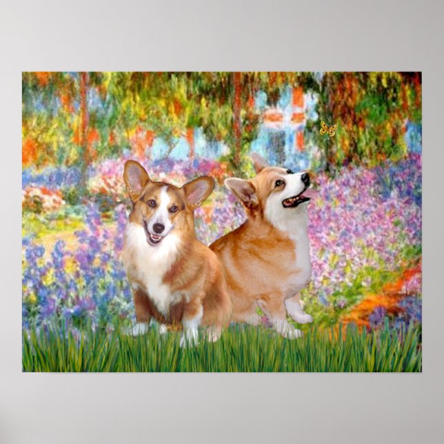 Pôster Corgis galeses (dois Pembroke) - Jardim em Giverne (Frente)