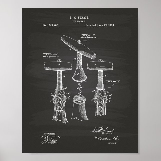 Pôster Corkscrew 1883 Patent Art - Chalkboard (Frente)