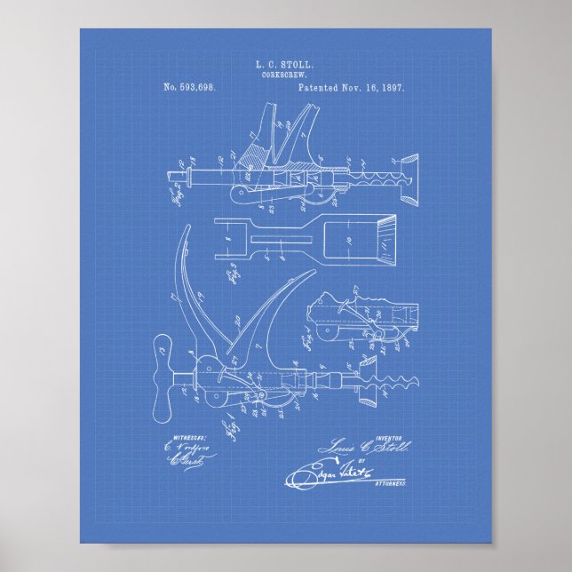 Poster Corkscrew 1897 Patent Art - Blueprint (Frente)