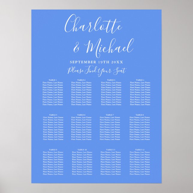 Poster Cornflower Blue Modern Wedn Seating Chart (Frente)