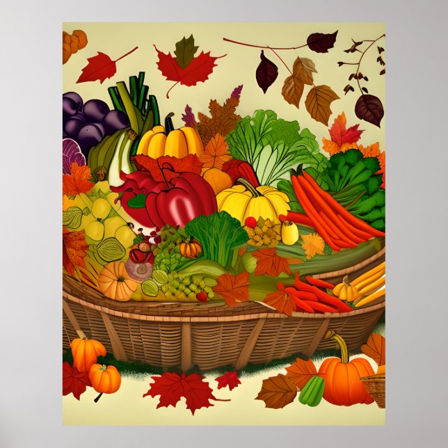 Poster Cornucopia cheio de produtos hortícolas (Frente)