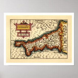 Poster Cornwall, Cornwaile County England Mapa Antiquário