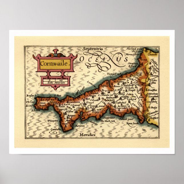 Poster Cornwall, Cornwaile County England Mapa Antiquário (Frente)