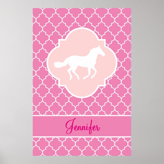 Pôster Coro Branco Silhoule Quatrefoil Rosa, com Nome (Frente)