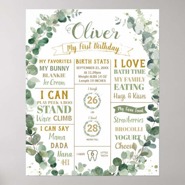 Poster Coroa de Folhagem Aniversário Marco Estatísticas d (Frente)