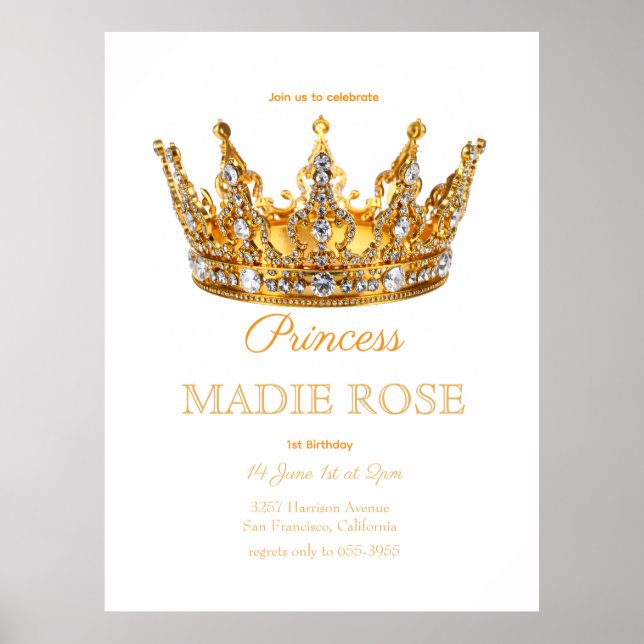 Poster Coroa de Princesa Dourada Conto de Fadas Aniversár (Frente)