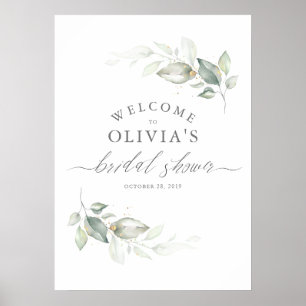 Poster Coroa de Verde e Dourado Elegante Chá de Noiva