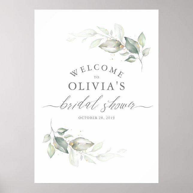 Poster Coroa de Verde e Dourado Elegante Chá de Noiva (Frente)