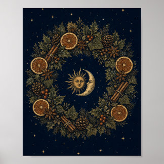 Poster Coroa do Solstício Sol e Lua Yule Arte Botânica