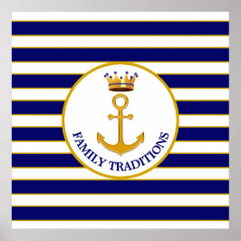 Poster Coroa e Âncora Dourada em Azul e Branco