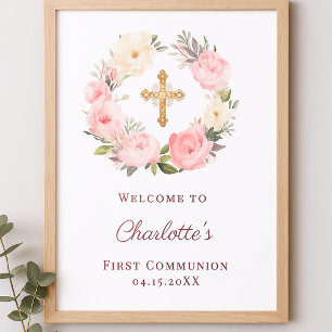 Poster Coroa floral rosa, boas-vindas à Primeira Comunhão