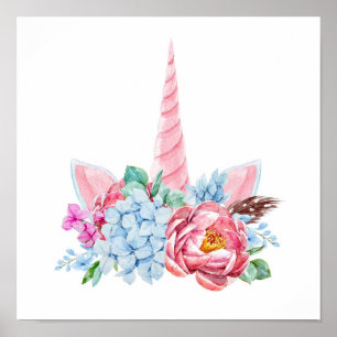 Poster Coroa Floral Unicorn Watercolor