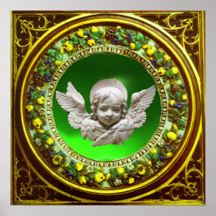 POSTER COROA FLORAL VERDE ANJO RENASCENTISTA FLORENTINA