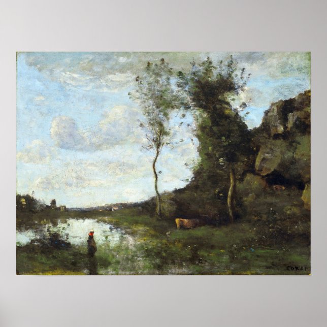 Poster Corot - Mulher camponesa e Vaca na égua (Frente)