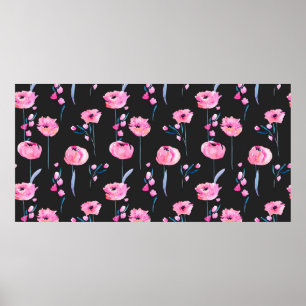 Poster Corpo-d-água, papoilas cor-de-rosa e ramos florai