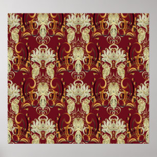 Poster Corpo floral vermelho-ouro, luxuoso da safra.