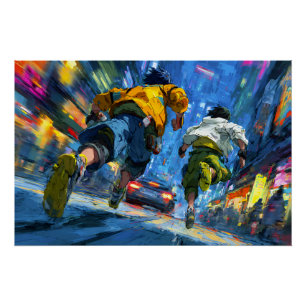 Pôster Corredores Cyberpunk Chuva Neon Ação de Perseguiçã