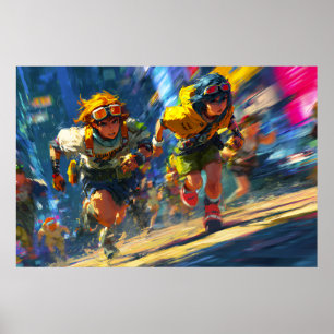 Poster Corredores Cyberpunk Correndo Arte de Ação Cidade 