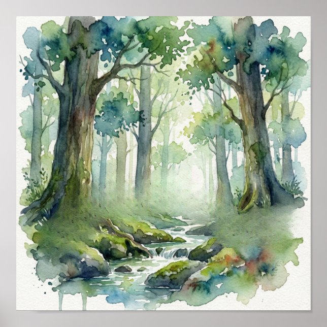 Poster Córrego da Floresta Encantada: Aquarela Verde Etér (Frente)