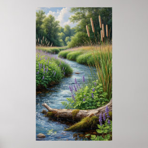 Poster Córrego Florestal Com Lupinos Roxos