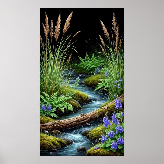 Poster 🌿 Córrego Tranquilo da Floresta com Flores Silves (Frente)