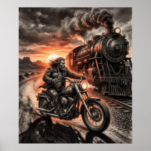 Poster Corridas de Motoqueiro Trem a Vapor Deserto Pôr do