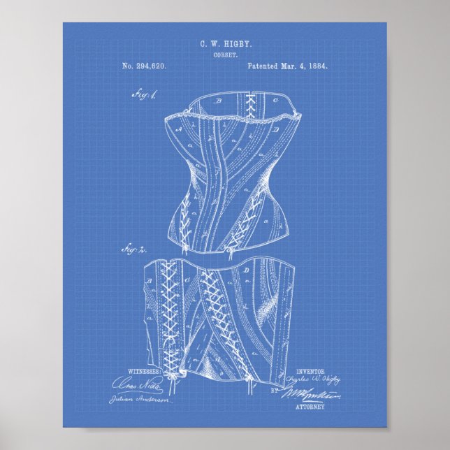 Pôster Corset 1884 Patent Art Blueprint (Frente)