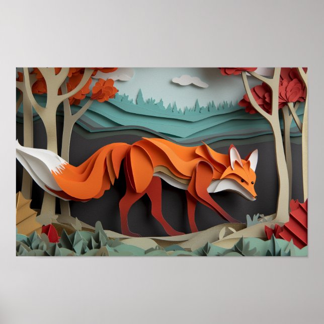 Poster Cortar raposa de papel entre árvores (Frente)