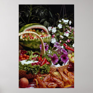 Pôster Corte a cesta de fruta da melancia com flores