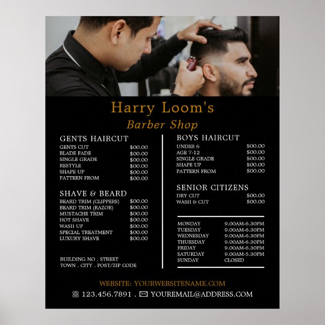 Poster Corte de Cabelo Elegante, Lista de Preços de Barbe (Frente)