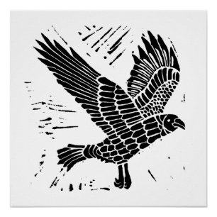 Pôster Corte de Raven Lino Voador Negro e Branco