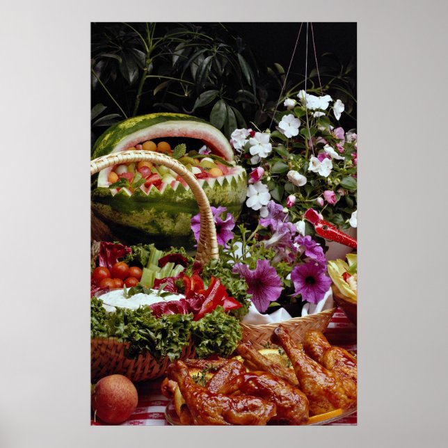 Pôster Corte o cesto de fruta de melancia com flores (Frente)