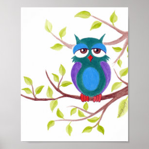 Pôster Coruja adormecida em árvore Pintura de desenhos an