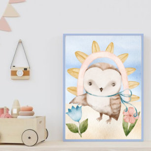 Poster Coruja, Bebês, Boho, Flores, Arco-Íris