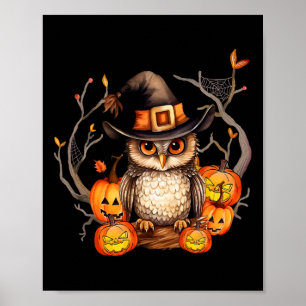 Poster Coruja Bruxa de Chapéu Pumpkin Spooky Homens de Ha
