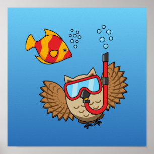 Poster Coruja com Máscara Snorkel e Peixes Tropicais